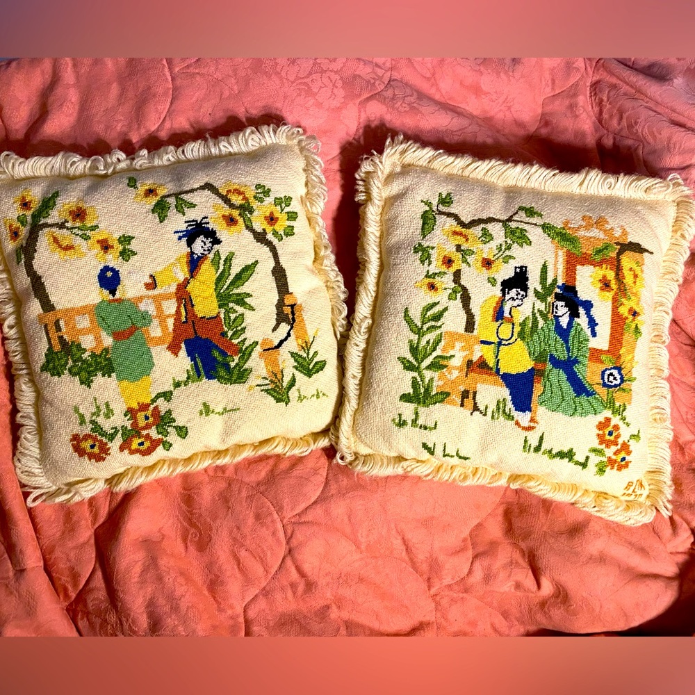 2-Vintage Handmade Oriental Needlepoint Pillows.